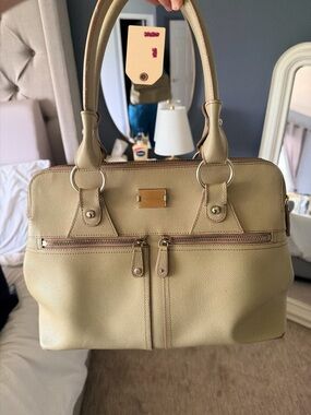 Textured Leather Shoulder Satchel in Light Beige by Unknown